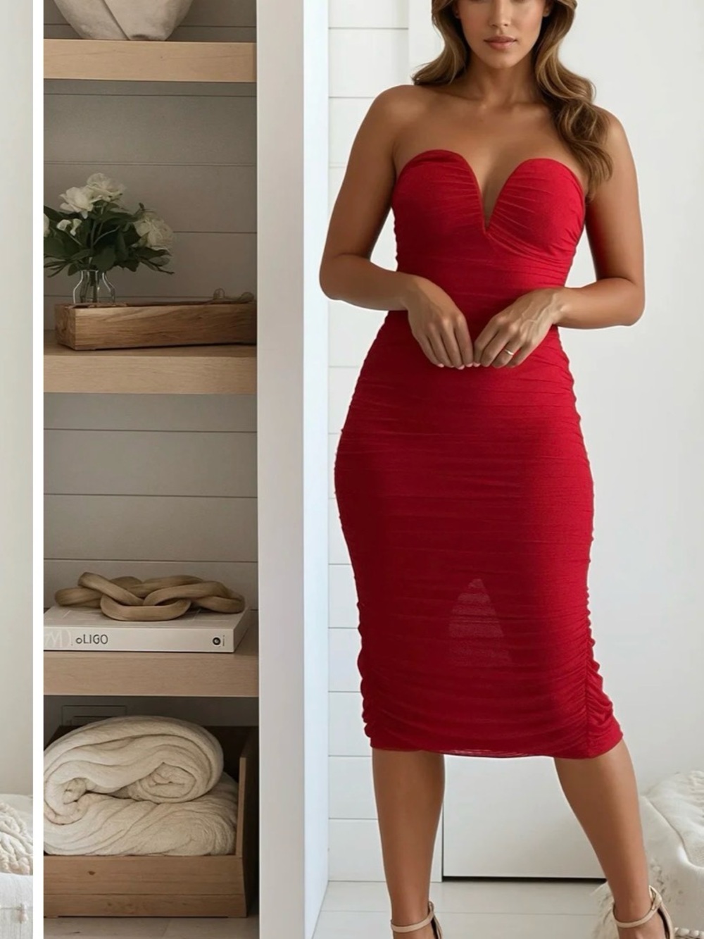 Sexy Red Strapless Midi Dress with Sweetheart Plunge